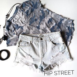 FOREVER 21 Distressed Ripped Fringe Edge Light Blue Denim Jean Shorts 27